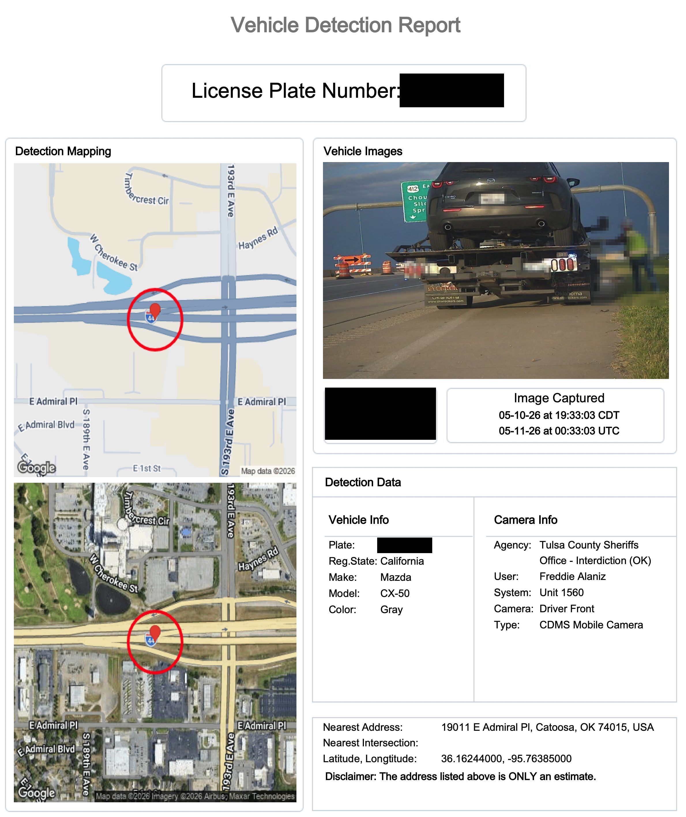 在“美国诉凯尔案”中提交的一份Vigilant VehicleManager车辆检测报告，其中包含一张地图、一张该车辆被拖车拖走的照片以及摄像头信息，车牌号已被遮盖
